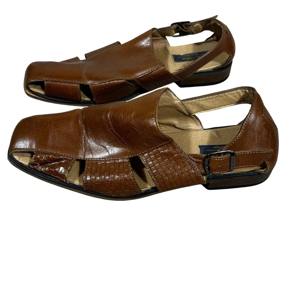La Milano Woven Fisherman Sandals Square Toe Cognac Brown Dressy Size 11